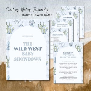 Juego de baby shower "Jeopardy" de Cowboy Baby con respuestas / Juego de baby shower "Frida Familiar Cowboy" / Trivia para bebés / Tamaño A5 + Media Carta EE. UU. / Descarga instantánea