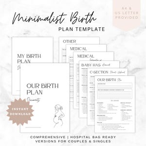 Puede incluir: Una plantilla de plan de parto imprimible en blanco y negro con el texto "Minimalist Birth Plan Template" en la parte superior. La plantilla incluye secciones para "My Birth Plan", "Our Birth Plan", "Other", "Medical", "Baby Has Arrived", "C-Section" y "In Labor". La plantilla también incluye un dibujo lineal de una mujer embarazada.