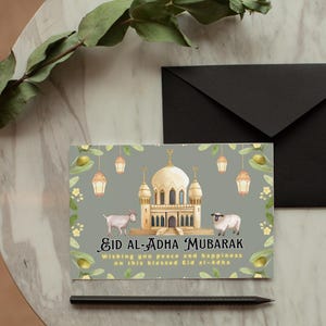 Cartão de felicitações para Eid ul-Adha 13 x 18 cm | Cartão islâmico para impressão com mesquita, cabra e ovelha | Download digital para Eid Mubarak | Presente de feriado muçulmano