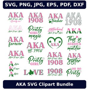 Puede incluir: Colección de diseños de clipart SVG en rosa y verde, con las letras "AKA" y frases como "Pretty Girl Magic" y "Sisterhood". Adecuado para diversos proyectos de manualidades.