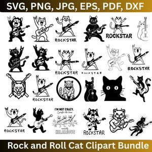 May include: A black and white clipart bundle featuring various cats playing electric guitars. Some cats are labeled "ROCKSTAR" and the text "I'M NOT CRAZY. I prefer the term mentally HILARIOUS" is also included. The title "Rock and Roll Cat Clipart Bundle" is at the bottom.