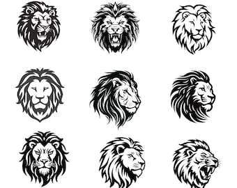 May include: A collection of nine black and white lion head illustrations in various poses. The images include front-facing and profile views, with some lions roaring. Text at the top reads "SVG, PNG, JPG, EPS, PDF" and "Lion Clipart Bundle" at the bottom.