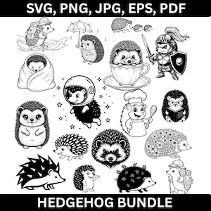 Könnte beinhalten: Schwarz-Weiß-Illustration eines Igel-Bundles. Das Bild enthält verschiedene Igel-Designs, wie einen Igel in einer Teetasse, einen Igel-Astronauten und einen Igel-Ritter. Der Text "SVG, PNG, JPG, EPS, PDF" steht oben.