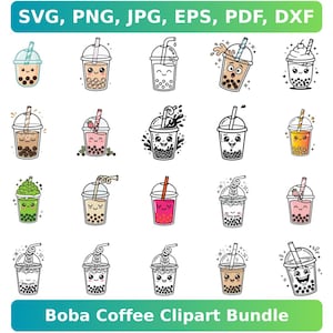 May include: A collection of colorful boba tea clipart in various styles. Each cup features a different design, with smiling faces and decorative elements. The text "Boba Coffee Clipart Bundle" is at the bottom.