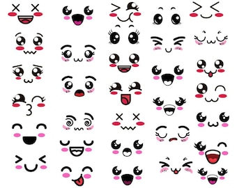 Paquete de imágenes prediseñadas SVG de caras kawaii, paquete de imágenes prediseñadas de emojis, emoji lindo SVG, expresiones de dibujos animados divertidas, vector de cara chibi, cara de anime SVG, digital