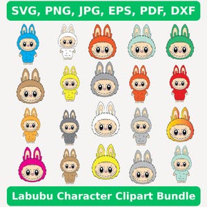 Puede incluir: Una colección de imágenes prediseñadas de personajes Labubu coloridos en varios colores, incluyendo azul, blanco, rojo, verde, marrón, amarillo, gris, naranja y rosa. Los personajes tienen orejas de conejo y sonrisas. El texto en la parte superior dice "SVG, PNG, JPG, EPS, PDF, DXF" y en la parte inferior "Labubu Character Clipart Bundle."