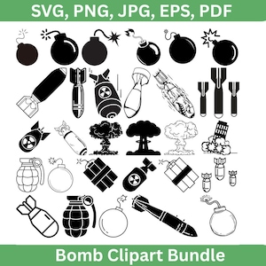 Puede incluir: Una colección de imágenes prediseñadas de bombas en blanco y negro, que incluyen varios estilos de bombas, granadas y explosiones. La imagen incluye el texto "SVG, PNG, JPG, EPS, PDF" en la parte superior y "Bomb Clipart Bundle" en la parte inferior.
