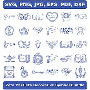 May include: A collection of blue and white Zeta Phi Beta decorative symbols, including a dove, butterfly, heart, bow, crown, diamond, graduation cap, and open book. The text "Zeta Phi Beta Decorative Symbol Bundle" is at the bottom.