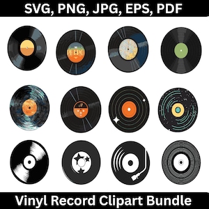 Paquete SVG de discos de vinilo, imágenes prediseñadas de música retro, discos de vinilo PNG EPS, archivos de corte de tocadiscos para Cricut, diseño vectorial SVG de la vieja escuela, vinilo jpg pdf