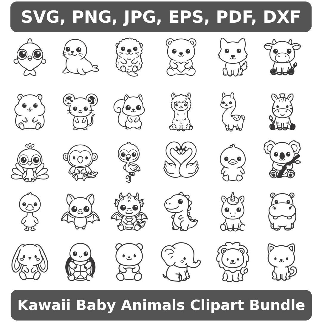 Kawaii Baby Animal SVG Bundle, Kawaii Cute Baby Zoo Animals Line Art ...