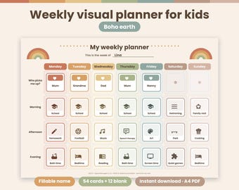 Montessori-Wochenplaner im Boho-Stil zum Ausdrucken (Englisch) – Wochenplaner für Kinder, 54 Bilder, zweisprachiges Klassenzimmer, visuelle Routine für Kinder mit ADHS und Autismus