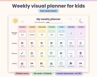Ausdruckbarer englischer Wochenplaner Sonne und Mond – Wochenplaner für Kinder, 54 Bilder, zweisprachiges Klassenzimmer, visuelle Routine für ADHS und Autismus