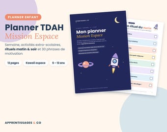 May include: A digital planner for children titled Mission Espace with a dark blue cover featuring a rocket and planet illustration. The set includes 12 pages with morning routine checklists, space-themed graphics, and motivational phrases for kids.