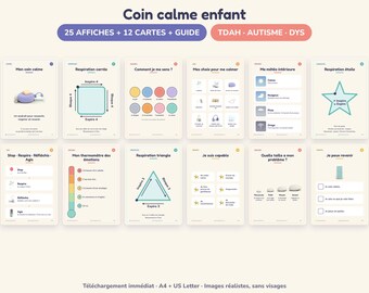 May include: A set of educational posters and cards titled Coin calme enfant, featuring 25 posters, 12 cards, and a guide. The content includes breathing exercises, emotion charts, and coping strategies for children, with text in French and illustrations.