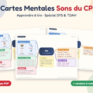May include: Educational mind map cards for learning French phonics, titled Cartes Mentales Sons du CP. The cards feature colorful diagrams, illustrations, and text for reading practice, specifically designed for students with dyslexia and ADHD.
