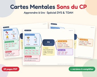 May include: Educational mind map cards for learning French phonics, titled Cartes Mentales Sons du CP. The cards feature colorful diagrams, illustrations, and text for reading practice, specifically designed for students with dyslexia and ADHD.