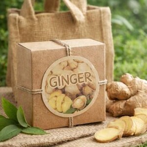 May include: A brown cardboard box tied with twine, featuring a round label with the word "GINGER" and images of ginger root. Sliced ginger and whole ginger root are also visible, along with a burlap bag in the background. Green leaves add a natural touch.