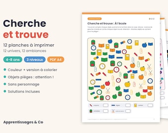 May include: A printable 'Cherche et trouve' activity sheet featuring a school-themed search and find game. The page includes a grid of colorful school supplies like clocks, apples, notebooks, and scissors, with boxes at the bottom for counting.