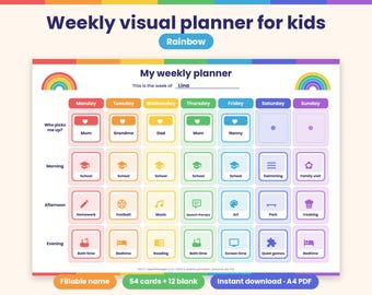 Wochenplaner mit Regenbogenmotiv zum Ausdrucken (Englisch) – Wochenplaner für Kinder, 54 Bilder, zweisprachiges Klassenzimmer, visuelle Routine für Kinder mit ADHS und Autismus