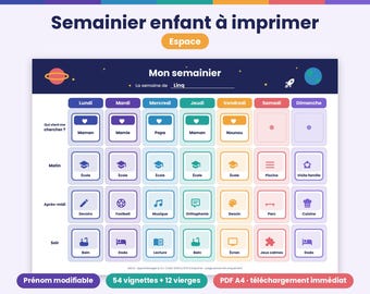 Ausdruckbarer Wochenplaner für Kinder – Weltraumthema – Visueller Wochenplaner, 54 Seiten, personalisierbarer Name, Routine für Kinder mit ADHS/Autismus, Vorschule