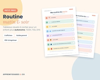 May include: Two printable visual routine charts for children, titled Ma routine du matin and Ma routine du soir. Each chart features numbered rows with colorful horizontal bars, icons, French text descriptions, and empty checkboxes for tracking daily tasks.