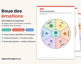 May include: A printable emotion wheel kit featuring a central circle labeled Calme surrounded by six segments representing Joie, Surprise, Colère, Peur, Tristesse, and Dégoût with corresponding icons. The document includes text in French and is formatted as a PDF.