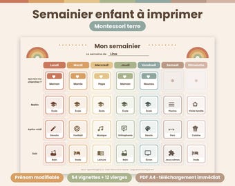 Ausdruckbarer Montessori-Wochenplaner im Boho-Stil für Kinder – Visueller Wochenplaner, 54 Bilder, personalisierbarer Name, Routine für Kinder mit ADHS/Autismus, Vorschule