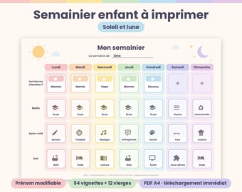 Ausdruckbarer Wochenplaner für Kinder mit Sonne und Mond – Visueller Wochenplaner, 54 Bilder, personalisierbarer Name, Routine für Kinder mit ADHS/Autismus, Vorschule