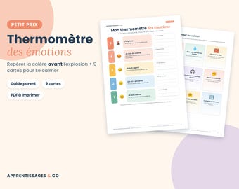 May include: A printable PDF document titled Mon thermomètre des émotions featuring a color-coded scale from one to five with corresponding emotional states and a second page with nine calming strategy cards for emotional regulation and support.