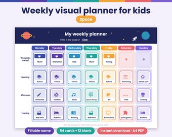 Ausdruckbarer englischer Wochenplaner mit Weltraummotiv – Wochenplaner für Kinder, 54 Bilder, zweisprachiges Klassenzimmer, visuelle Routine für ADHS und Autismus