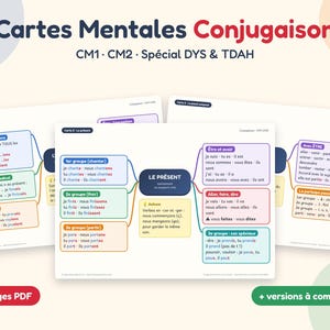 Könnte beinhalten: Pädagogische Mindmap-Karten für die französische Verbkonjugation, speziell für die Niveaus CM1 und CM2. Die Karten enthalten farbenfrohe Diagramme, Textfelder und Aufzählungspunkte, die Verbgruppen, Endungen und Regeln in einem klaren Layout darstellen.
