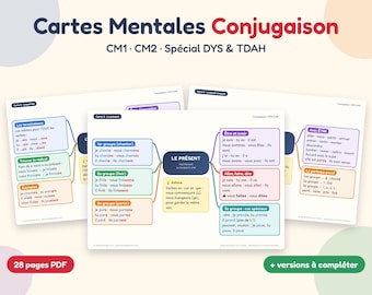 May include: Educational mind map cards for French verb conjugation, specifically designed for CM1 and CM2 levels. The cards feature colorful diagrams, text boxes, and bullet points detailing verb groups, endings, and rules in a clear, structured layout.