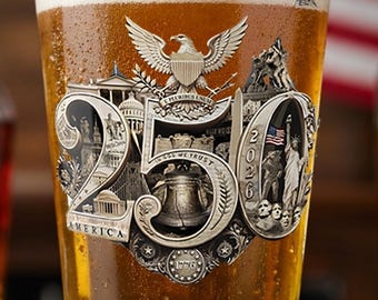 America 250 Pint Glass, Hand-Crafted Patriotic 250th Anniversary Commemorative Design, Cool Beer Glass, USA Monuments, Landmarks & Icons