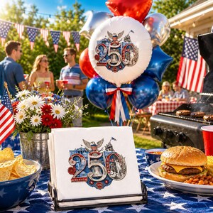 May include: A festive outdoor scene with a patriotic theme. A table is set with napkins, a burger, and snacks. Balloons and an American flag decorate the background. People are gathered, suggesting a barbecue or celebration.