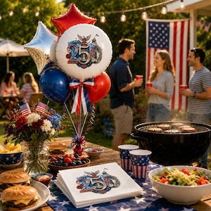 Puede incluir: Una escena festiva al aire libre con una mesa preparada para una celebraci&oacute;n. Se ven un ramo de flores con banderas americanas, globos rojos, blancos y azules, y servilletas con un dise&ntilde;o patri&oacute;tico. Hay hamburguesas en platos y gente reunida alrededor de una parrilla.