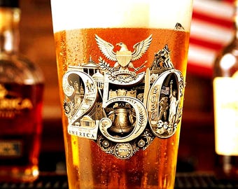 Pintglas 250e verjaardag, handgecomponeerd patriottisch 250-ontwerp, herdenkingsbierglas, monumenten, monumenten, pictogrammen in de VS