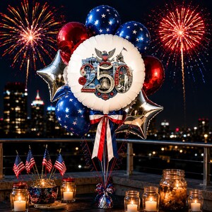 May include: A festive arrangement of balloons, candles, and miniature American flags, set against a backdrop of fireworks and a city skyline. The central balloon features a patriotic design with the text "250 AMERICA". Red, white, and blue colors dominate the scene.