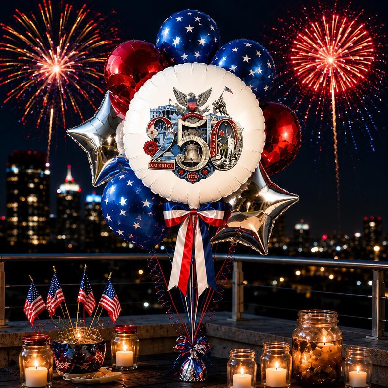May include: A festive arrangement of balloons, candles, and miniature American flags, set against a backdrop of fireworks and a city skyline. The central balloon features a patriotic design with the text "250 AMERICA". Red, white, and blue colors dominate the scene.