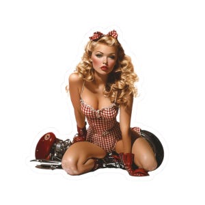 Retro Pin-Up Stickers, Gingham Rebel, Vintage Motorcycle Pin-Up Girl, Laptop Stickers, Water Bottle Decal, Rockabilly Car Decals, PinUp Art