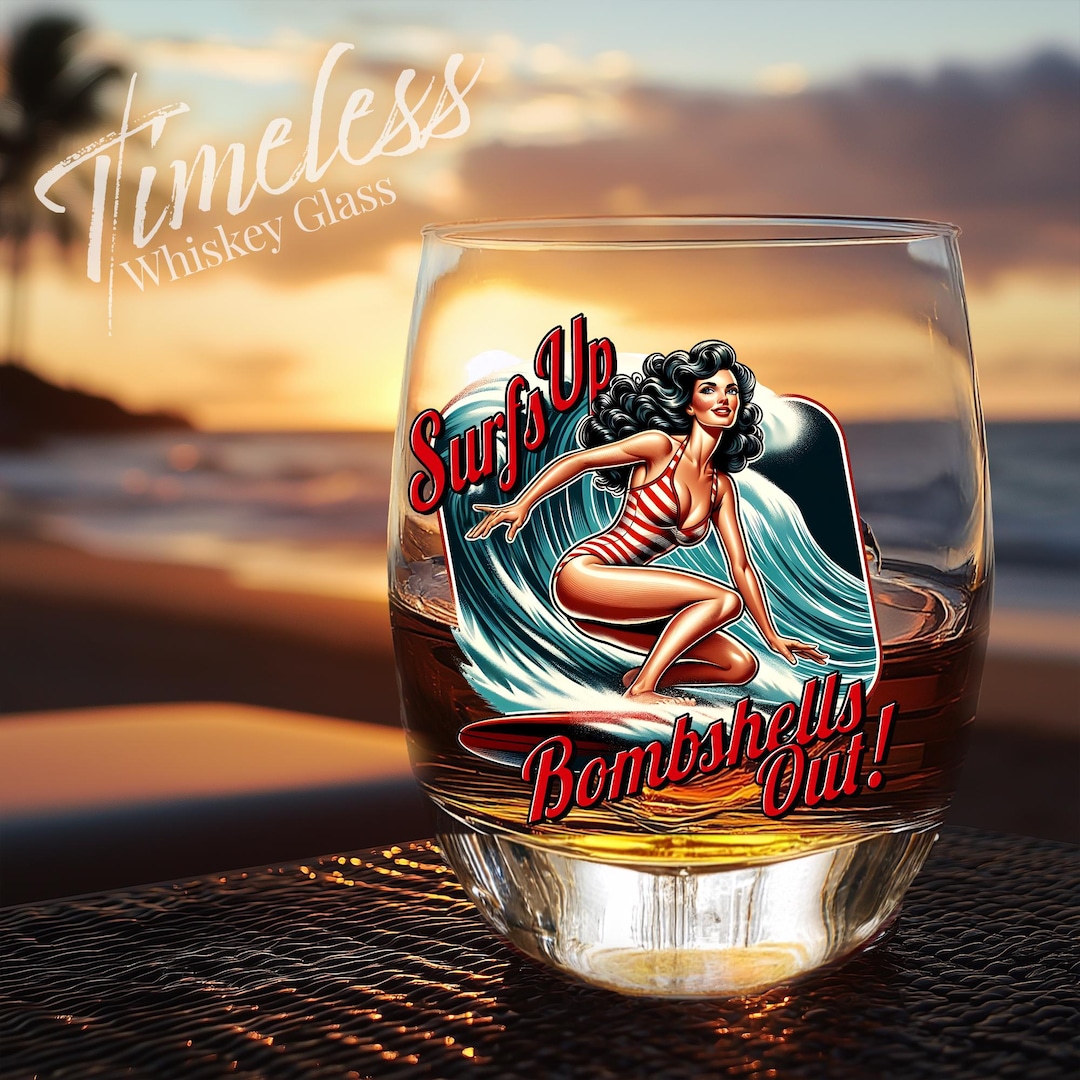 Vintage Pin-up Girl Whiskey Glass: Retro Surfer Art, Bourbon Lover Gift ...