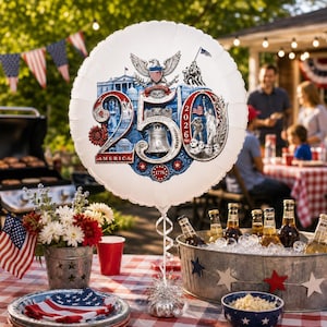 May include: A white, round balloon with a patriotic design, featuring the text "250 AMERICA" and images of the U.S. Capitol, the Liberty Bell, and the American flag. The balloon is part of a festive outdoor scene with food, drinks, and American flags.