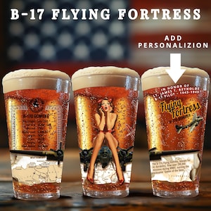 Custom Pint Glasses Set, WWII B17 Plane, Retro Beer Bar Glass, Vintage Aviation Man Cave Decor, Airforce Army Navy Retirement Pilot Dad Gift