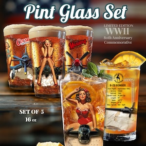 Custom Pint Glasses Set of 5 Retro Beer Bar Glasses, WWII Vintage Aviation Plane Man Cave Decor, Airforce Pilot Army Navy Retirement Gifts