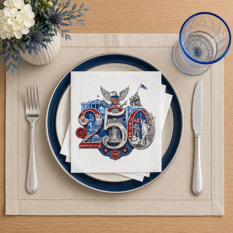 Puede incluir: Una mesa puesta con una servilleta blanca con un dise&ntilde;o patri&oacute;tico que conmemora el 250 aniversario de Am&eacute;rica. La servilleta est&aacute; sobre un plato con borde azul, con un tenedor, un cuchillo y un vaso con borde azul.