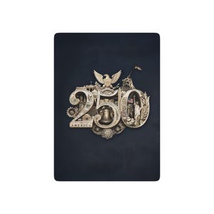 May include: A rectangular, dark blue decorative item featuring a detailed, metallic-toned illustration. The design prominently displays the number "250" with patriotic symbols like the Liberty Bell, an eagle, and the Statue of Liberty, with the word "AMERICA" at the bottom.