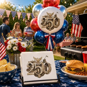 Puede incluir: Una escena festiva al aire libre con tem&aacute;tica patri&oacute;tica. Una mesa est&aacute; puesta con una hamburguesa, patatas fritas y servilletas con un dise&ntilde;o del 250 aniversario. Globos en rojo, plateado y azul, junto con banderas americanas, decoran el &aacute;rea. Hay gente reunida al fondo.