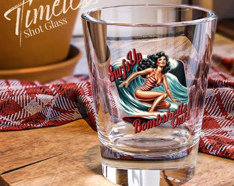 Retro Pin-Up Girl Shot Glass: Surfer Beach Barware