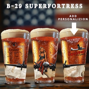 Custom Pint Glasses Set, WWII B29 Plane, Retro Beer Bar Glass, Vintage Aviation Man Cave Decor,Airforce Army Navy Retirement Pilot Dad Gifts
