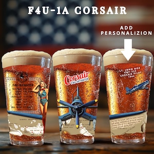 Custom Pint Glasses Set, WWII F4U Plane, Retro Beer Bar Glass, Vintage Aviation Man Cave Decor,Airforce Army Navy Retirement Pilot Dad Gifts