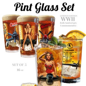 Custom Pint Glasses Set of 5 Retro Beer Bar Glasses, WWII Vintage Aviation Plane Man Cave Decor, Airforce Pilot Army Navy Retirement Gifts